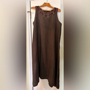 “Eskandar” long linen dress with beading around the collar. Size 1 (M/L).